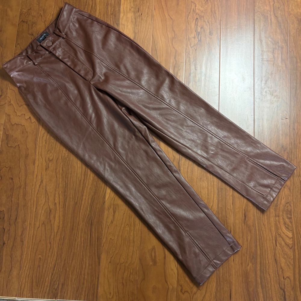 Wildfox Faux Leather High Rise Split Hem Trousers Brown WF002737 Small